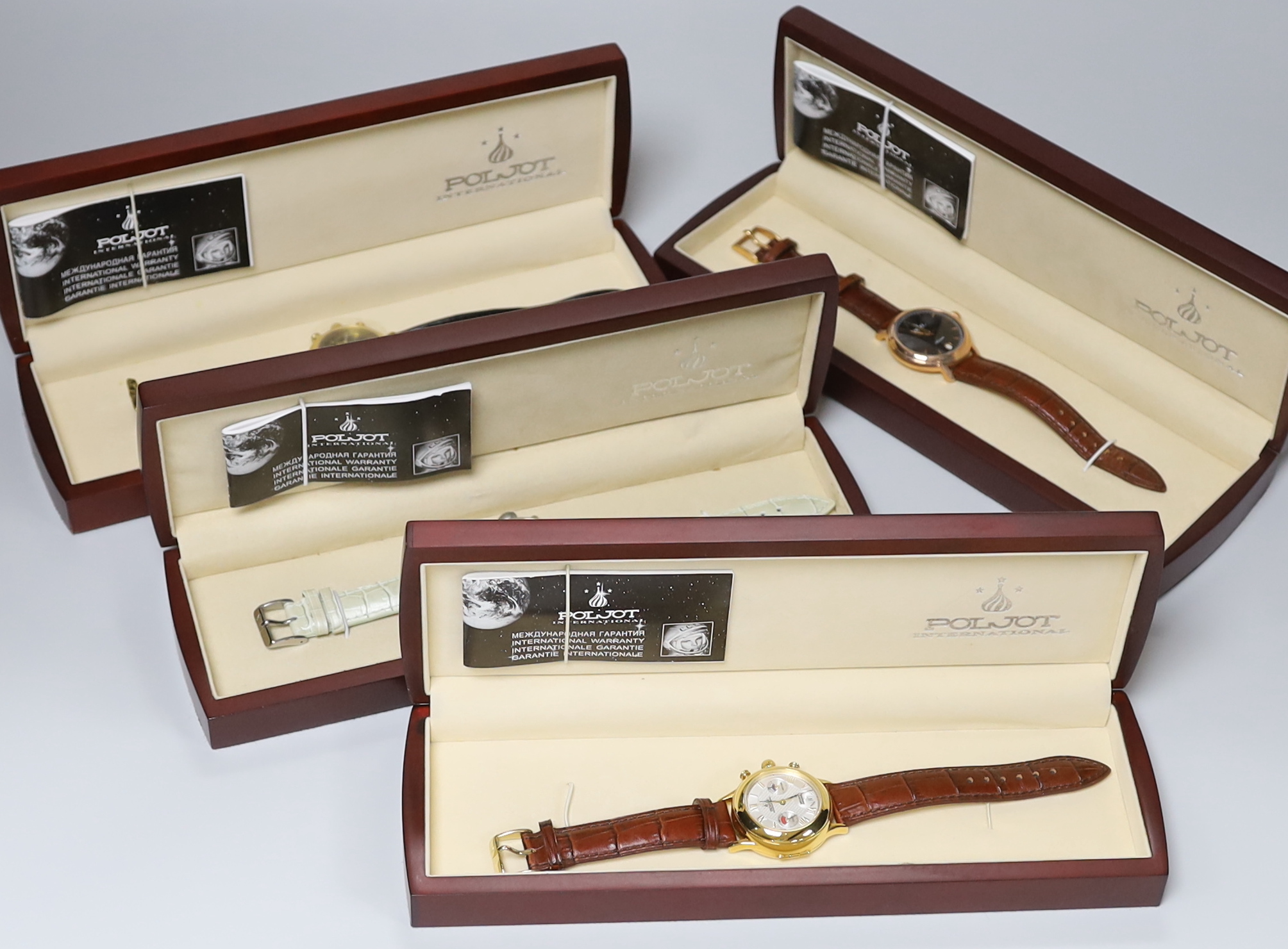 Four gentleman's assorted boxed modern Poljot International wrist watches including automatic chronograph and manual wind calendar moon phase chronograph.